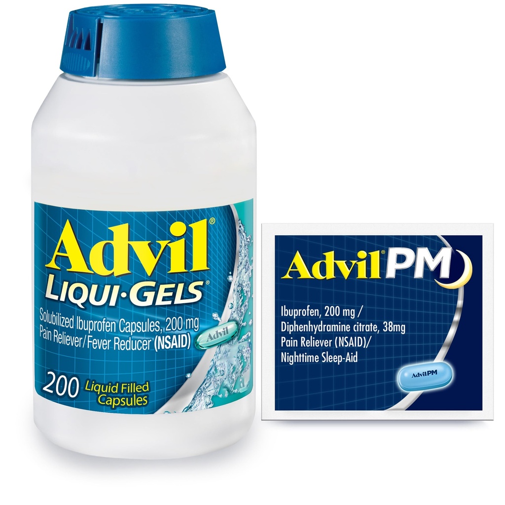 Advil Liqui- Gels Pain Reliever and Fever Reducer, Pain Medicine pro dospělé s Ibuprofen 200mg pro bolest hlavy, záda, menstruační bolest a kloubní bolest - 200 Kapsle, Advil PM Ibuprofen - 2 Ct