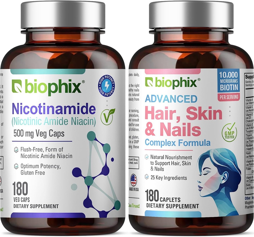 B- 3 Nikotinamid 500 mg 180 Vitaminové kšiltovky - Vlasy Kůže a nehty 180 Kapsle 10000 mcg Biotin - Nikotinový amid Niacin Natural Flush- Free Vitamin Formule - Podporuje zdraví kožních buněk