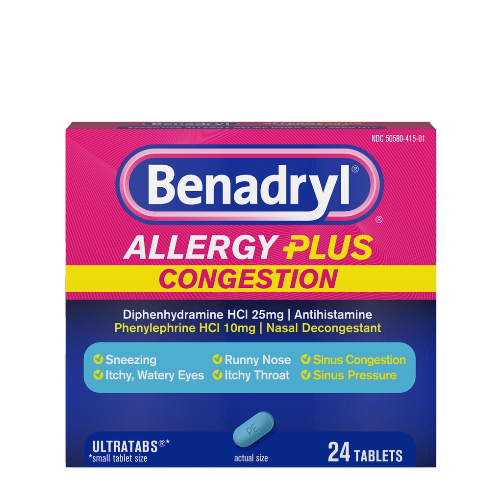 Benadryl Alergics Plus Congestion Ultratabs, Medicine with Difenhydramine HCl Antihistamin & Fenylephrin HCl Nasal Decongestant, Alergie & Sinus Congestion Relief Tablety, 24 ct