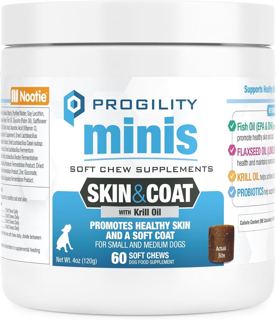 Nootie Profility Mini kůže & coat dodatek pro malé psy, Rybí olej podporuje zdravou pleť & coat, 60 měkkých žvýkání na kontejner