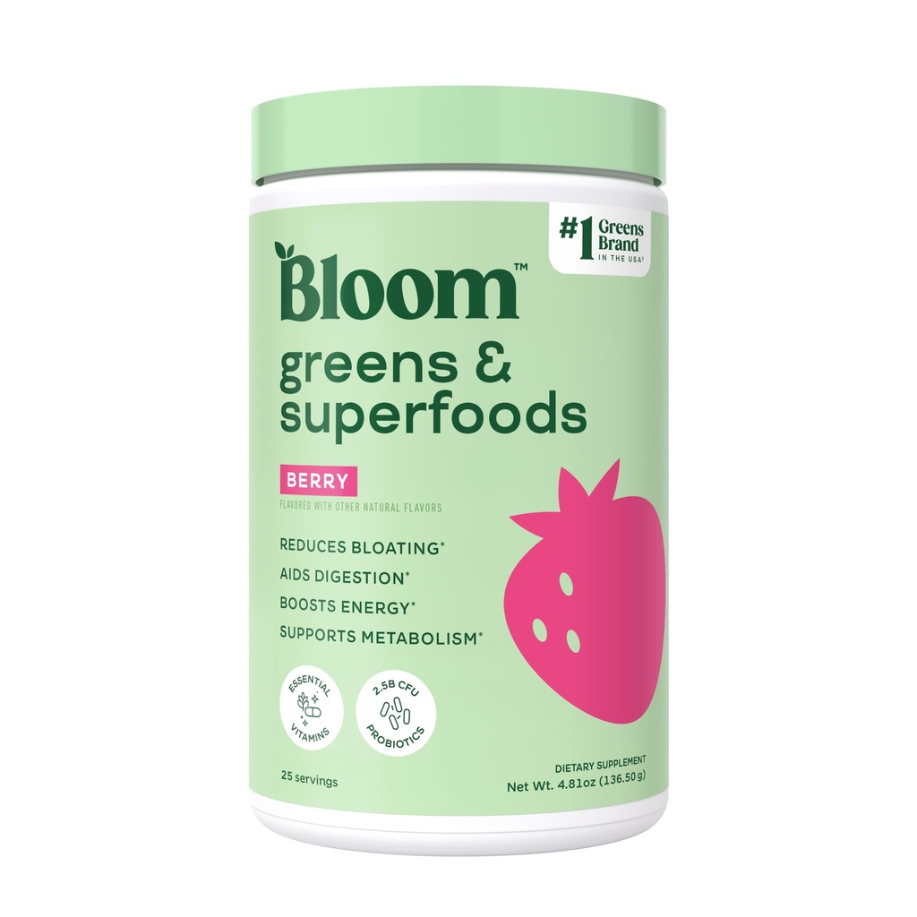 Bloom Nutrition Superfood Green Powder, trávicí enzymy s probiotika a prebiotika, Gut Health, Bloating Relief pro ženy, Chlorella, Green Juice Mix s řepou kořenový prášek, 25 SVG, Berry