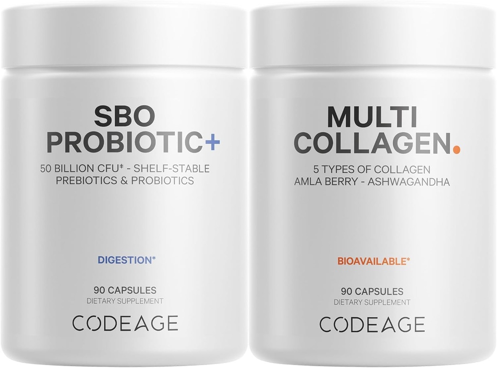 Codeage Multi Collagen Protein Kapsle 5 Typy, Ashwagandha Witania Somnifera & Organic Amla Berry + SBO Probiotic Blend 50 Billion CFU Bundle, Lactobacillus Plantarum, Bacillus Subtilis, Non- GMO