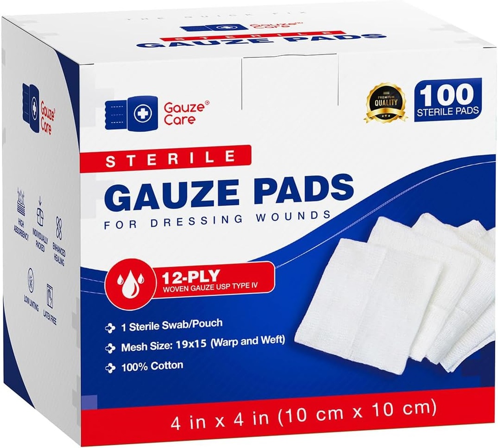 100pc Velké Sterilní Gázy Pady 4x4 Sterilní pro rány Bulk - 12ply Tkané Gáze Sponges 4x4 Sterilní - USP IV Dýchací Mesh 4x4 Gázové Pady Sterilní pro zesílené absorpce - První pomoc lékařské