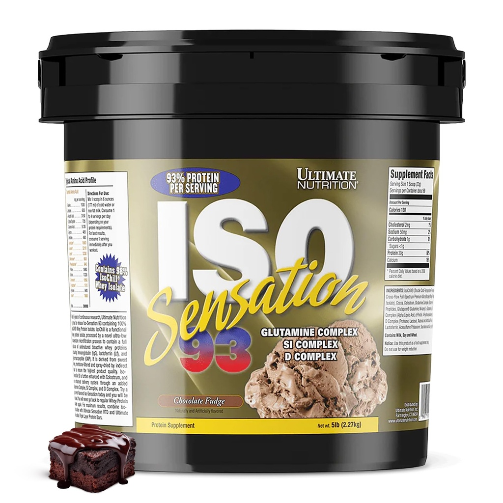 Ultimate Nutrition Iso Sensation 93 with Glutamine, Syrovátkový protein izolát prášek, 30 gramů proteinu, Nízké sacharidy protein třes, Keto Friendly, 5 Pounds, Čokoláda Fudge Ochucené