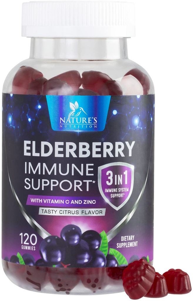 Elderberry Gummies s vitaminem C, D3 a zinkem - Imunitní podpora Gummy pro děti a dospělé, Black Elderberry Extract Gummy Imunitary Health Supplement, Black Elder Berry Vitamin - 120 Gummies