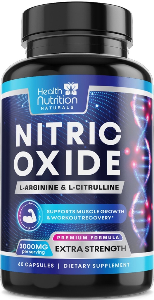 Extra Strength Nitric Oxide Booster 3000mg - 3X L- Araginin AKG & HCI + L- Citrulline Malate - Nejlepší Muscle Supplementing Nitric Supplement - Natural Energy, Heart Health Support Bottled USA - 60 Kapsle