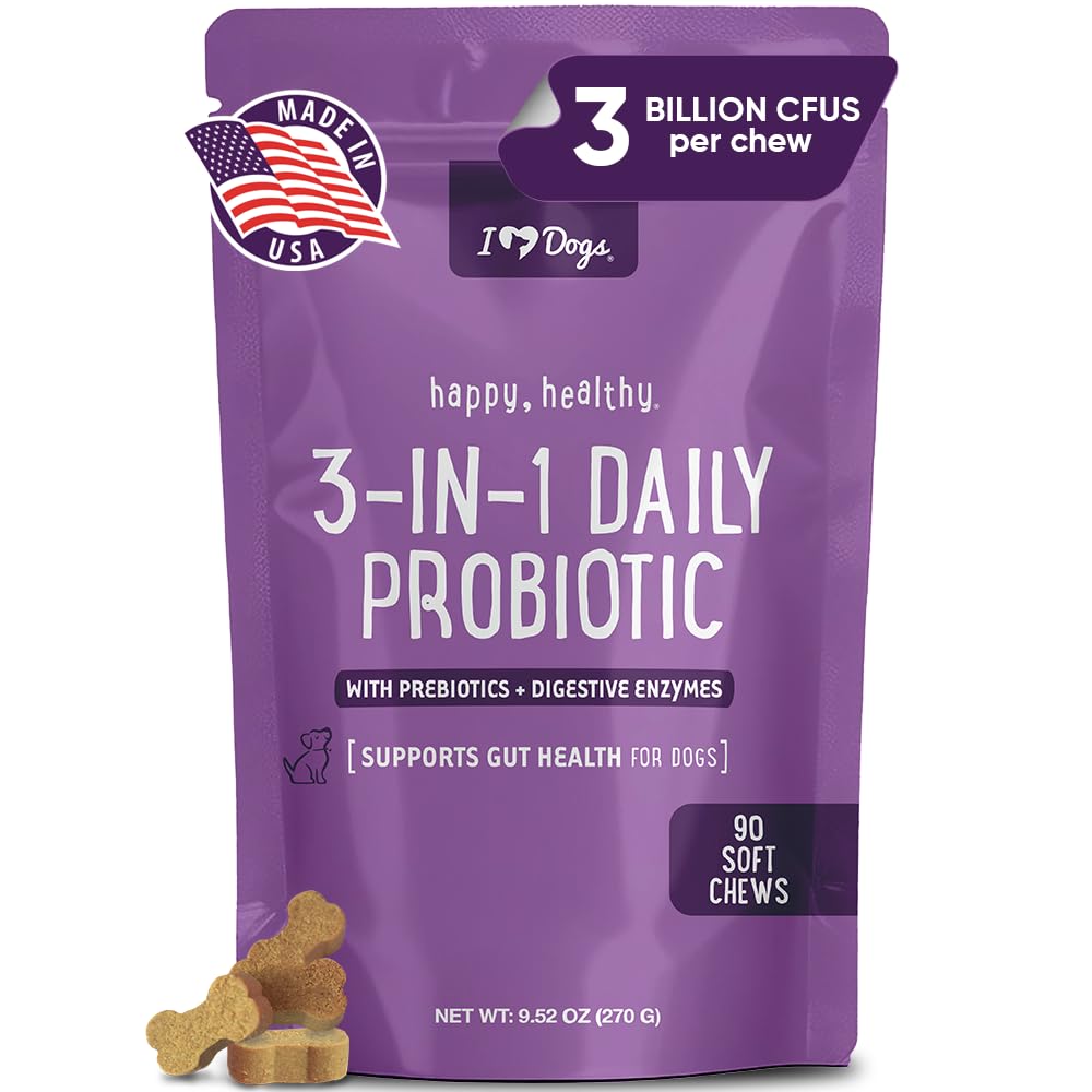 iHeartDogs 3-in-1 Probiotika pro psy s dýní pro zlepšení trávení & Gut zdraví - Psí probiotika a trávicí enzymy, 90 Počet