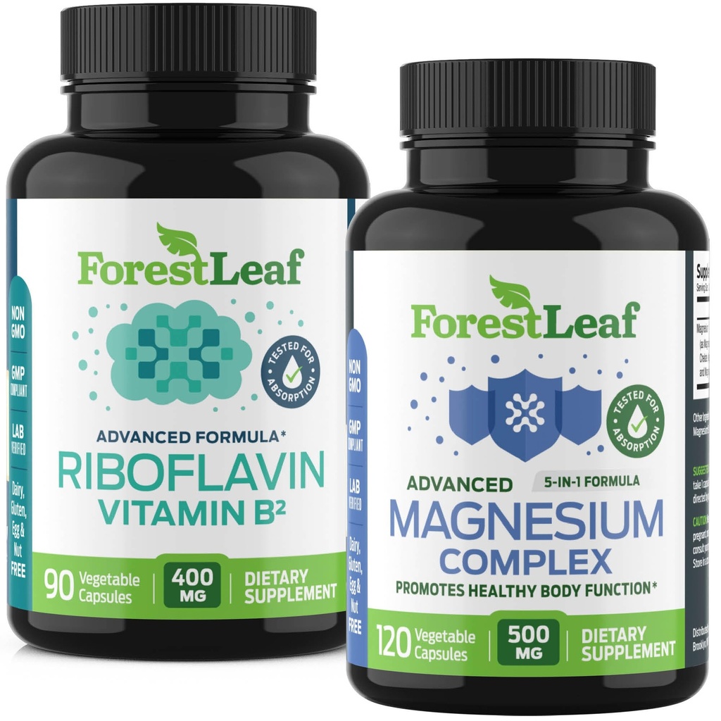 ForestLeaf Riboflavin & Magnesium Migréna Dodatek - Riboflavin 400mg pro úlevu od bolesti hlavy - Ultimate Magnesium Bundle with B2 Vitamin 400mg pro bolest hlavy Migréna Relief Kapsle