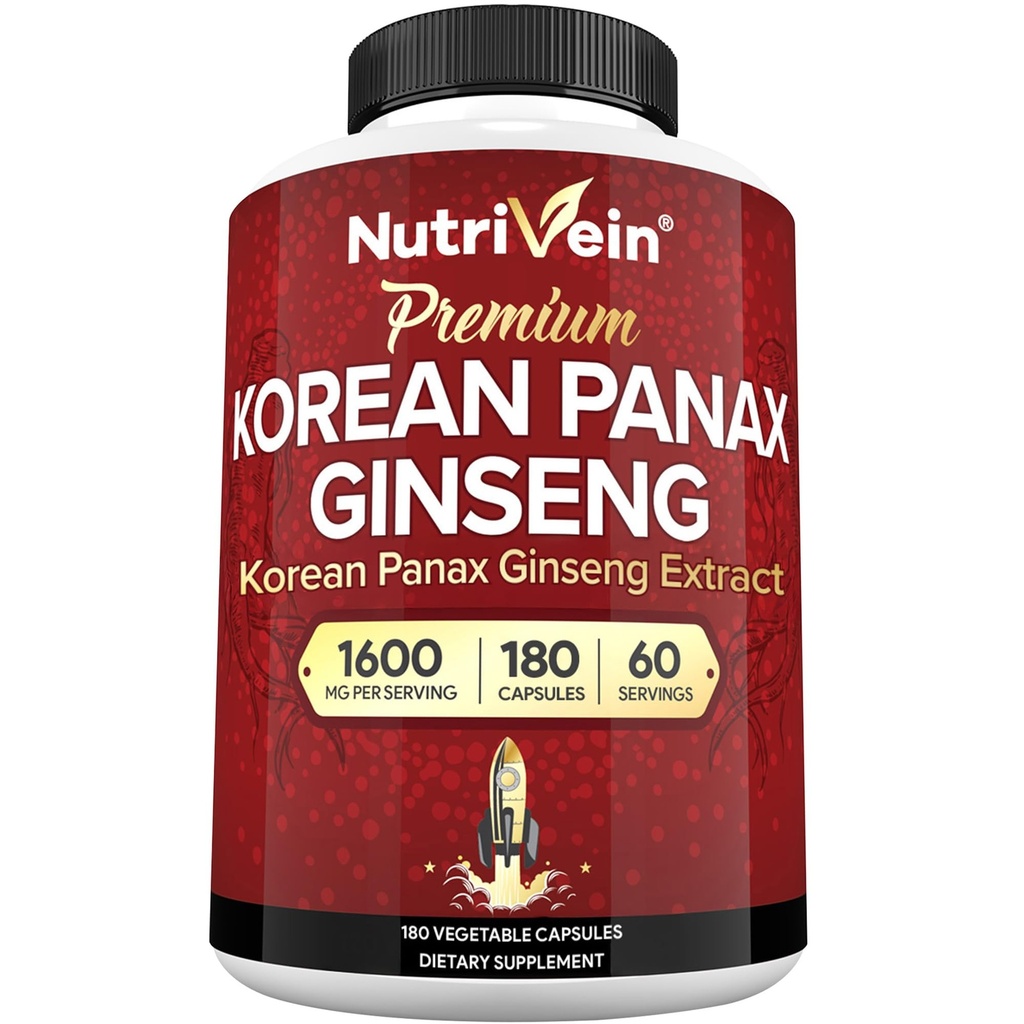 Nutriční korejský červený panax Ginseng 1600mg - Extra Formance Formule - 180 Kapsle - Zvýšení energie, duševní zaměření a imunitní zdraví Přirozeně