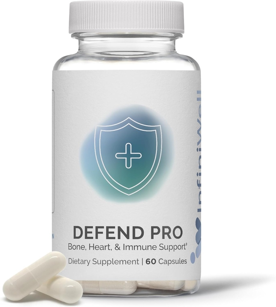InfiniWell Defend Pro Bone & Imunity Supplement - Vitamin A, D3 & K2 Supplement - Biologicky dostupné, Aktivní živiny - 250mcg VIT D - Podpora síly kostí, srdeční zdraví & více (60 Kapsle)