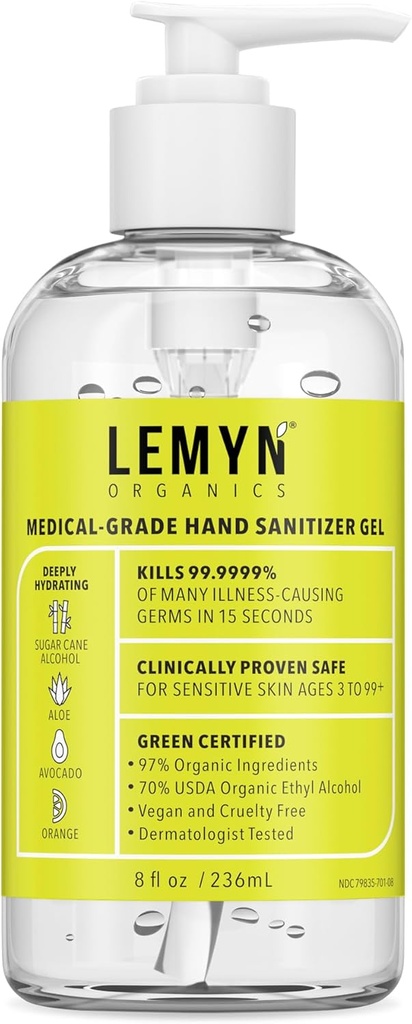 Zdravotnický ruční Sanitizér Gel - 97% organická látka 124; 70% USP Ethylalkohol 124; Moisturizace Aloe + Hyaluronic Acid 124; čerstvě vyrobeno v USA 124; 8oz láhev s čerpadlem