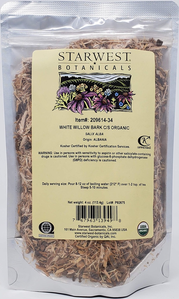 Starwest Botanicals Organic White Willow Bark Cut & Seinted, 4 Ounces