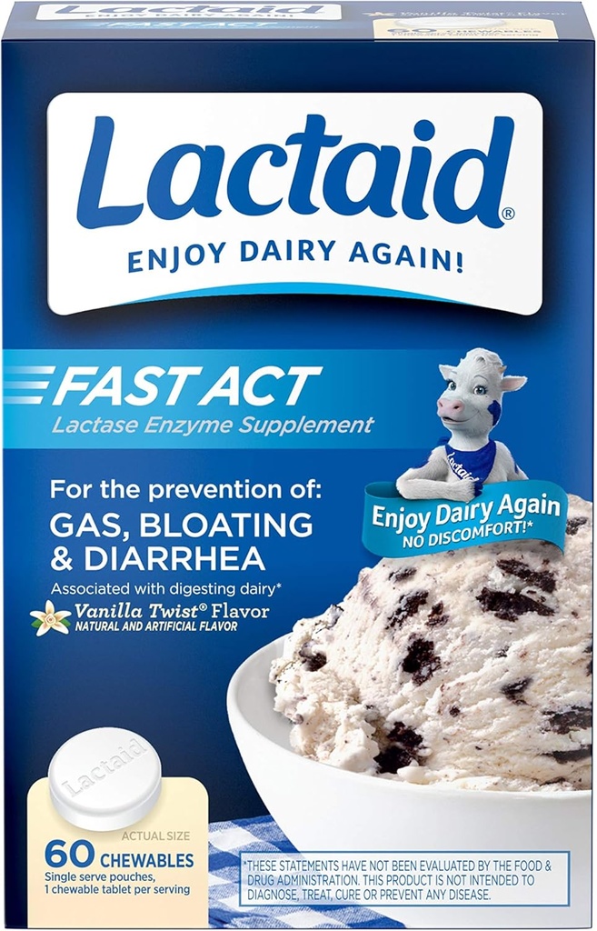 Lactaid Fast Act Intolerance laktózy Žvýkačky s laktázou Enzymy, Vanilla, 60 Počet