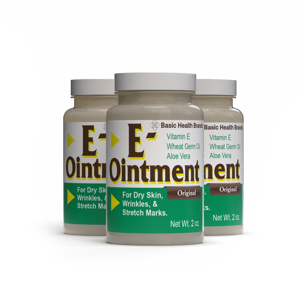 Basic Organics - Basic Brands - Vitamin E Ointment - 2 oz - Moisture Enhancing - Může pomoci snížit vzhled Jizvy, Stretch Marks, Fine Lines & Wrinkles - Pack of 3