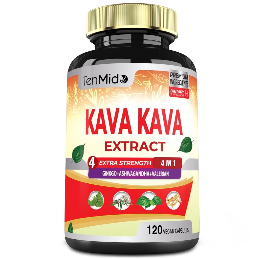 Kava Kava dodatek Extract Kapsle, 4 měsíce Dodávka s Ginkgo, Ashwagandha, Valerian - Relaxation Supports Supplement- 120 Vegan Kapsle