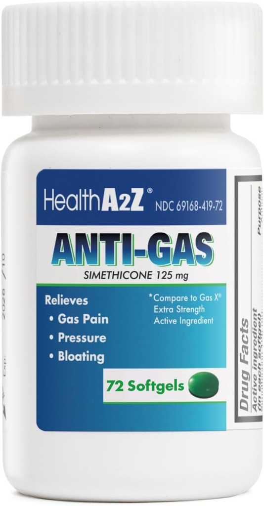 HealthA2Z ® Gas Relief Simethicone CLAS124; 125mg CLAS124; Relieves from Stomach Discomfort and Gas CLAS124; Anti Flatulence CLAS124; Relieves Gas Fast and Floating (72 Counts (Pack of 1))