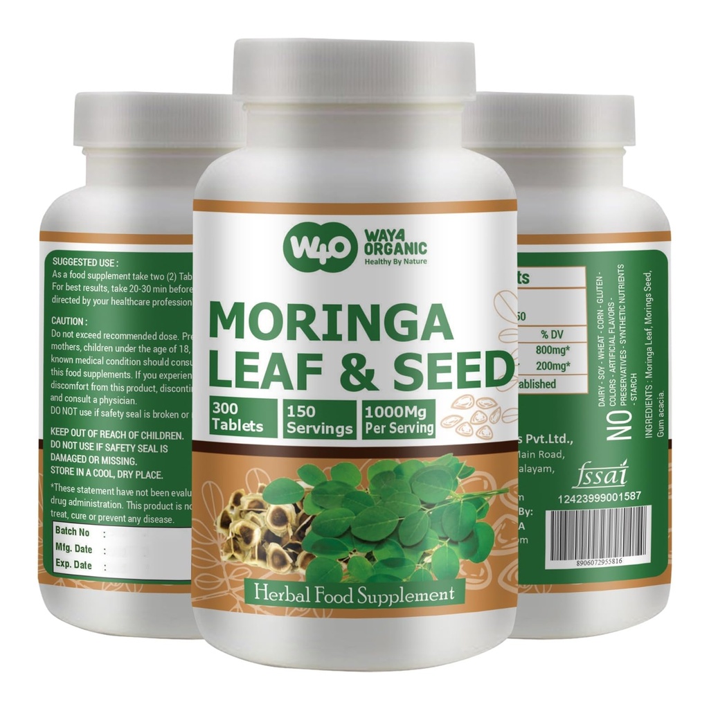 Moringa Oleifera Leaf and Seed Powder (80:20) Ratio300 pilulky (Tablety),150 Servings,1000 mg. Nepotažený Malunggay Herbal dodatek, No Chemical Coating, Green Superfood. Balení po1.