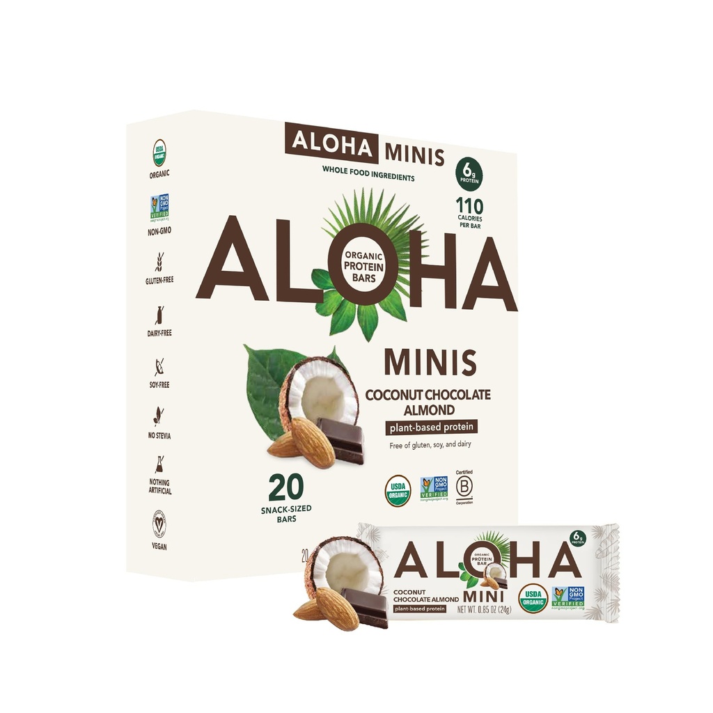 ALOHA Organic Plant Based Protein Bar MINIS 124; kokosové čokoládové mandle 124; 20 Počet, 24g Bary 124; Vegan, Nízký cukr, gluten zdarma, Paleo, Low Carb, Non- GMO, Stevia Free, Soy Free, No Sugar Alkohols