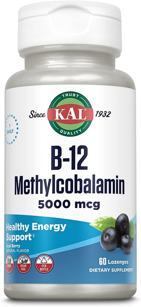 KAL Vitamin B-12 Methylkobalamin Lozenges 5000mcg, Zdravá energie, Metabolismus, Nerve & Red Blood Cell Support, * Optimální absorpce, přírodní Acai Flavor, Vegan, Sugar Free, 60 Servings, 60 Lozenges