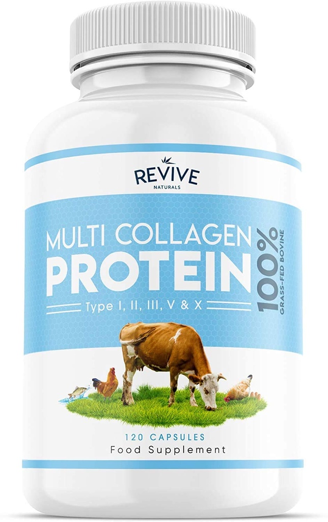 Revive Naturals Multi Collagen Protein Kapsle - Typy I, II, III, V & X - Hydrolyzovaná tráva Fed Bovine, Wild Caught Marine & Free- Range Chicken, Vyrobeno s hyaluronic acid & Vitamin C, 120 Caps