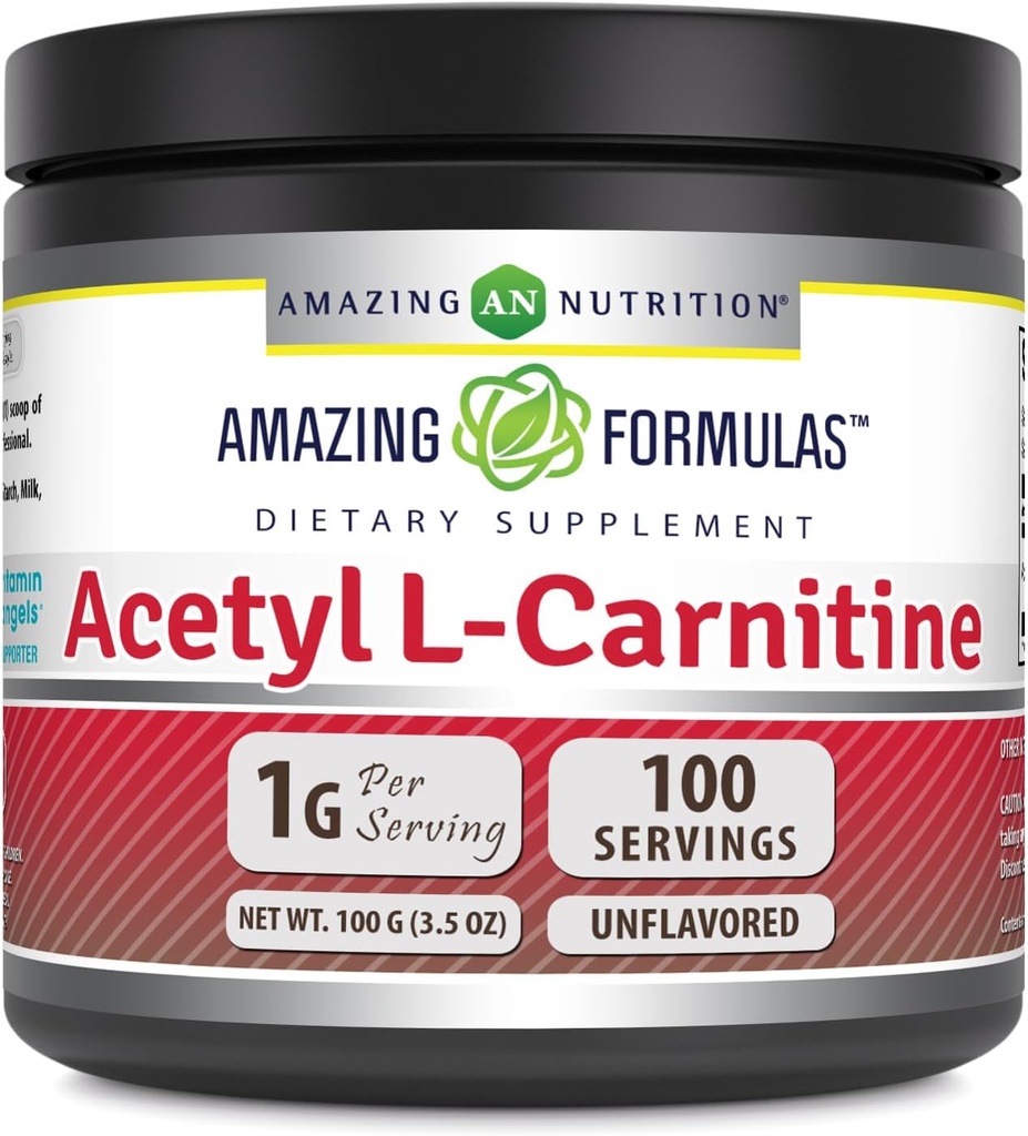 Amazing Appendias Acetyl L- Carnitin 100 Grams (3.5 Oz) Práškový dodatek 124; 100 Servings CUP124; Non- GMO CUP124; Gluten Free CUP124; Made in USA