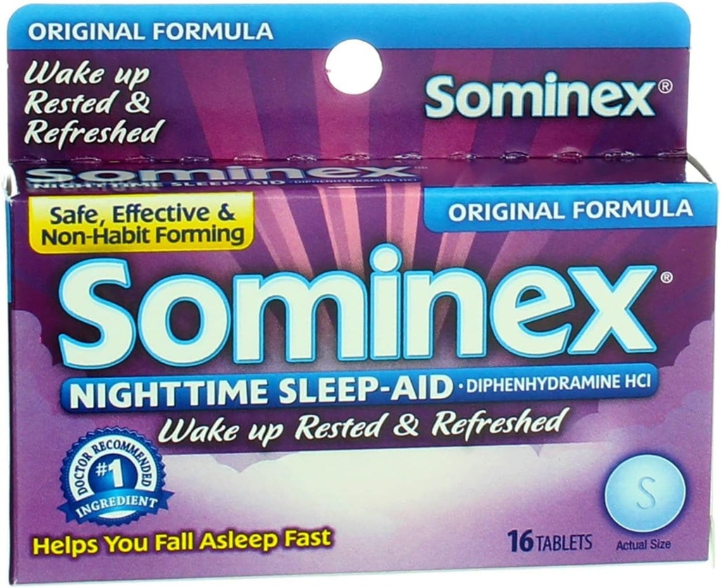 Sominex Nighttime Sleep- Aid with Diphenhydramine HCl 25 mg, Original Formule, 16 Tablet, (Balení po 1)