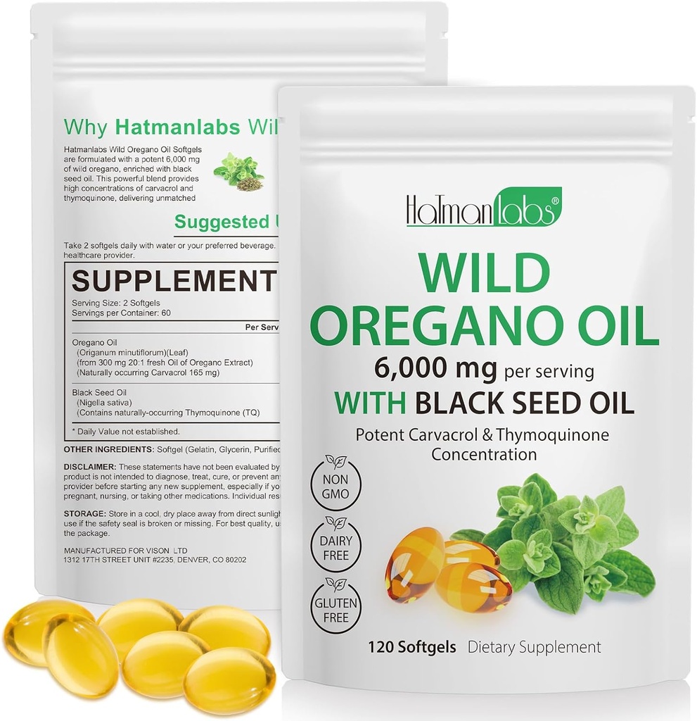 Olej Oregano Kapsle - Ingredience Oil Oregano Softgels - 2 z 1 6000mg Oil Oregano s černým semenným olejem 200mg - High Carvacrol & Thymoquinone pro imunitní podporu