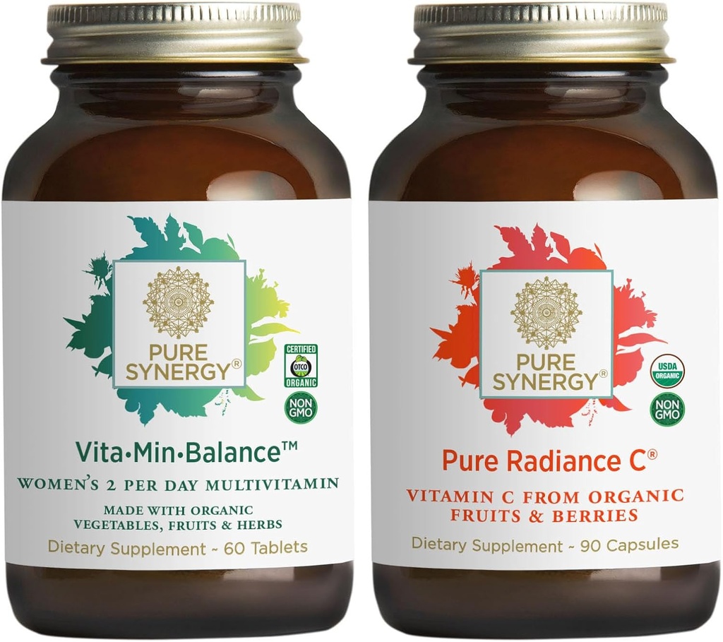 PURE SYNERGIE Ženy Multivitamin, Stress, a energie Essentials Bundle 124; Celé jídlo Multi s adaptogeny C124; Přírodní vitamin C Imunitní a kožní dodatek C124; Vegan, Non- GMO, a organické složky