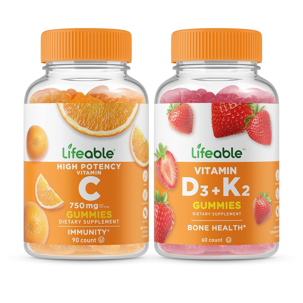 Živý vitamin C 750mg + Vitamin D3 + Vitamin K2, Gummies Bundle - Velký přípitek, vitamin dodatek, gluten zdarma, GMO zdarma, Žvýkací guma