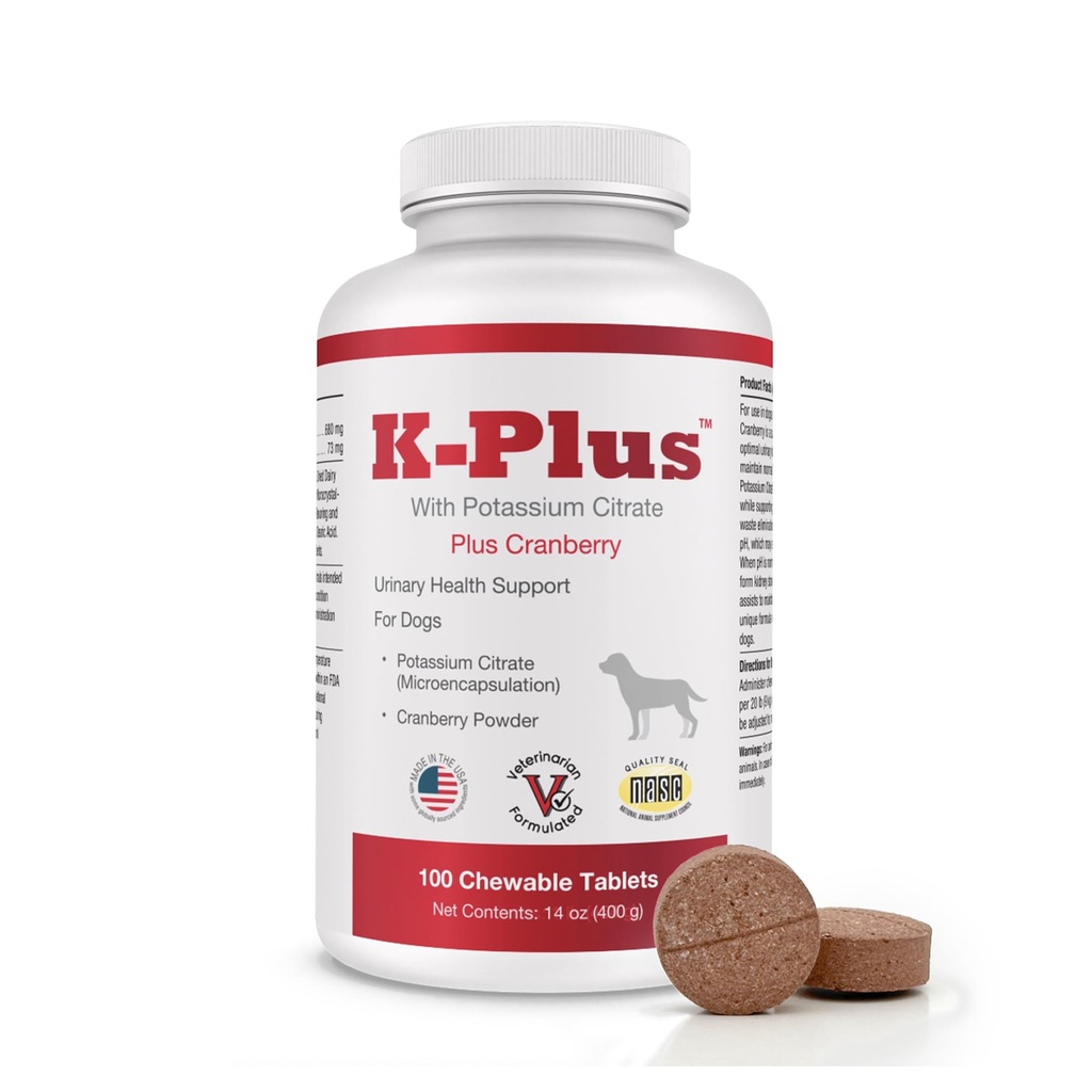 K-Plus draslík Citrát Plus Cranberry dodatek pro psy - UTI Remedy Chewable Tablety - Podporuje zdraví močového měchýře - pro každého psa plemeno (100 Tabs)