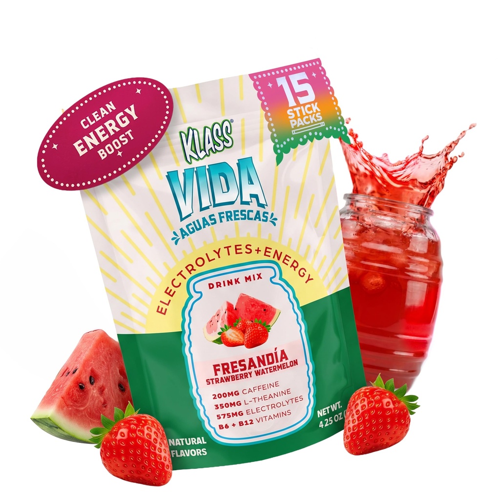 Hydratace + Energy Electrolyte Drink Mix - Jahodový meloun Agua Fresca Flavor 124; Sugar- Free Powder with Caffeine, L- Theanine, Coconut Water & Minerals 124; 15 Single- Serve Stick Packs