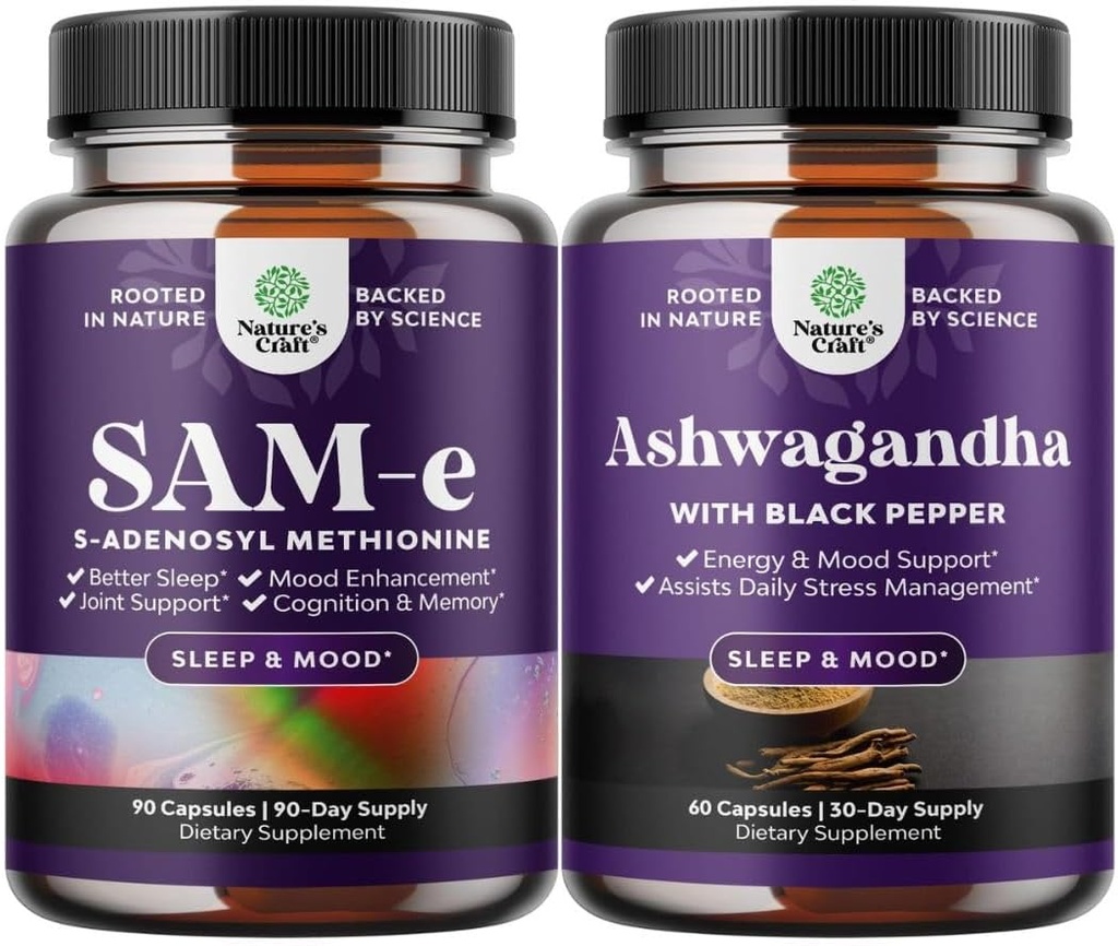 Svazek čisté SAM- E Nootropní doplněk mozku a Mood Enhancer Organic Ashwagandha Kapsle - Mozková podpora Dodatek - Zaměření energie štítné žlázy a nadledvin