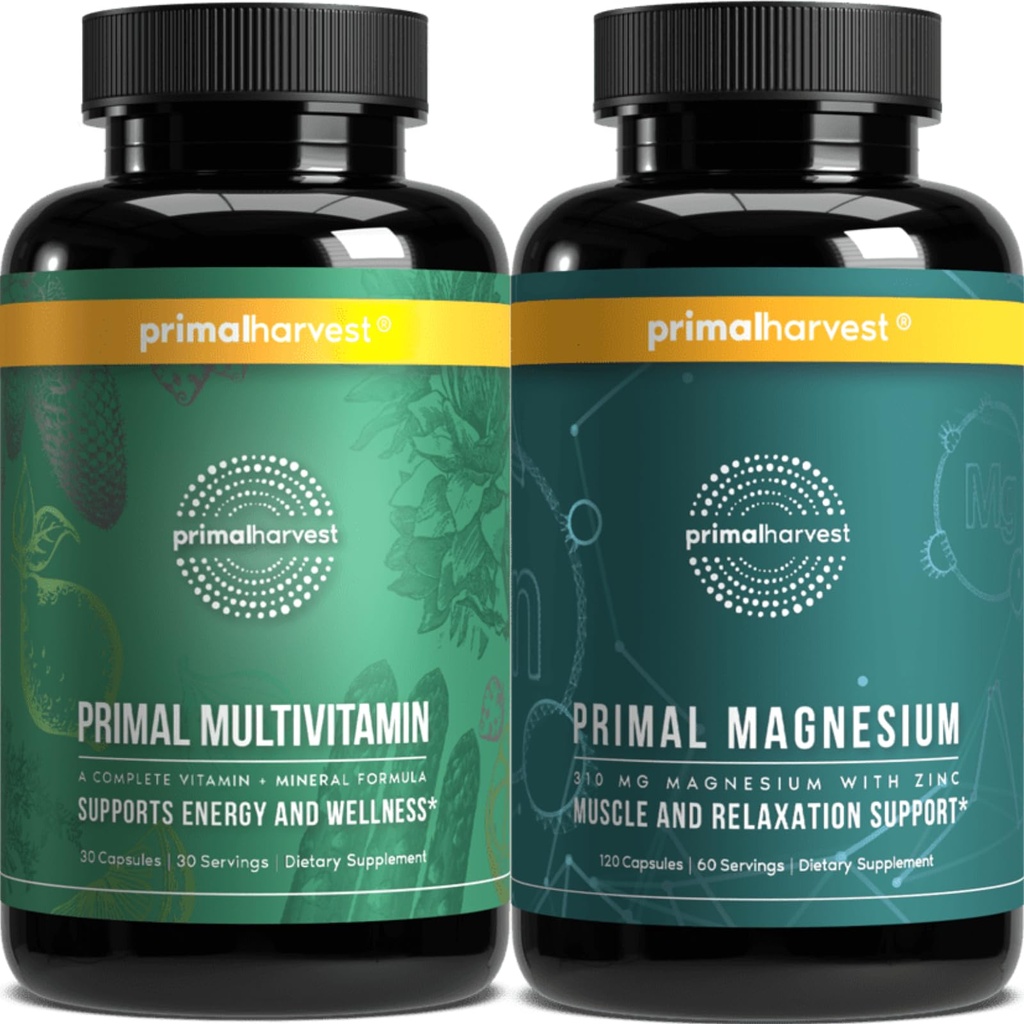 Primal Harvest Multivitamin & hořčík doplňky pro ženy a muže Multivitaminové kapsle a hořčík Glycinát pilulky Bundle