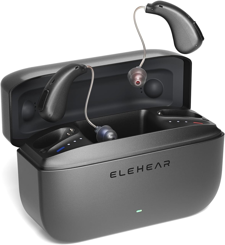 Alpha sluchových pomůcek, AI hluk zrušení OTC sluchových pomůcek pro seniory a dospělé, Super Clear Sound, Long-Lasting baterie provozované dobíjecí naslouchací pomůcky, 4 Mode, Metallic Dark Grey