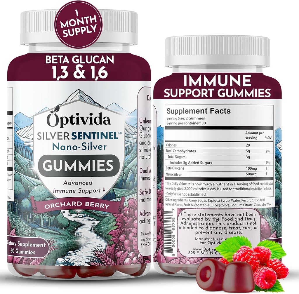 Optivida Nano Silver Imunitate Support Gummies (60 hrabě) - Beta Glucan doplňky pro denní imunitní podporu, Orchard Berry Flavor pro imunitní zdraví, Koloidní Silver dodatek s Beta Glucan 100