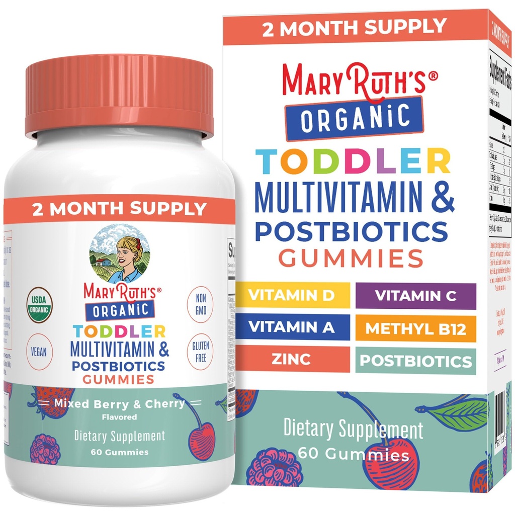 MaryRuth Organics Toddler Multivitamin Gummies + Postbiotika 124; USDA Organic Applications 124; Vitaminy pro děti ve věku 2 + 2 124; Imunitní podpůrná látka 124; Vitamin C C124; Vitamin D3 Př. 124; Vitamin A Př. 124; Zink Př
