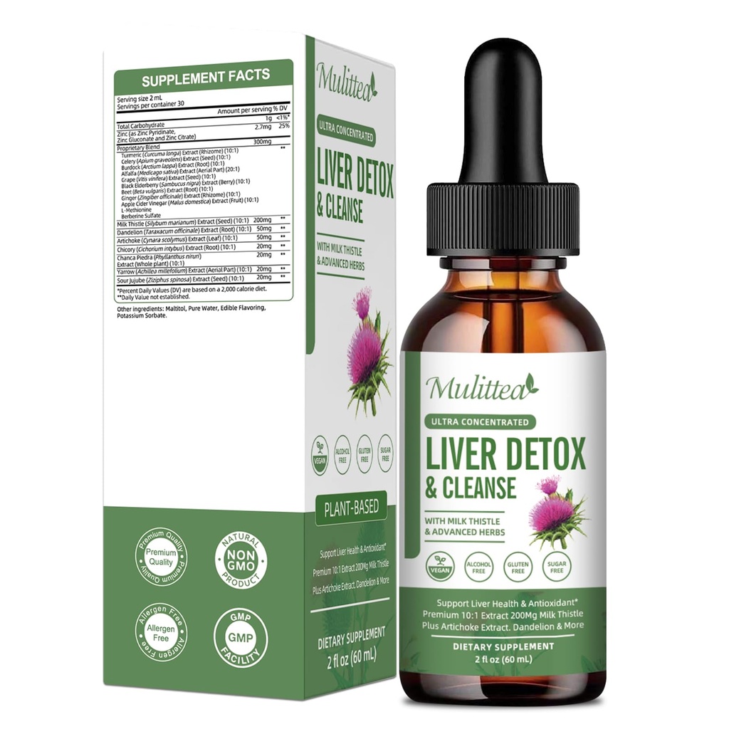Játra Zdraví & Lymfatické odvodnění Kapky - Podpora vyčištění jater Detox & Opravy s Artichice Mléko Thistle Silymarin Extract, Dandelion, Turmeric, Berberine to Renew w / 21 Potent Herb- Nutrients-60ml