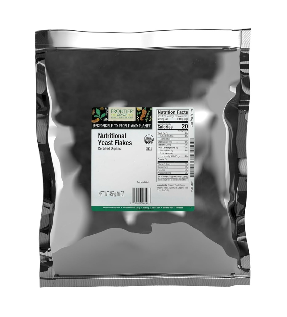 Frontier Co- op Organic Nutritional Yeast Flakes, 16 Oz, Bulk Bag - Essential B Vitamíny, Non-Iradiated, Kosher Yeast - Parmesan Cheese Substitute