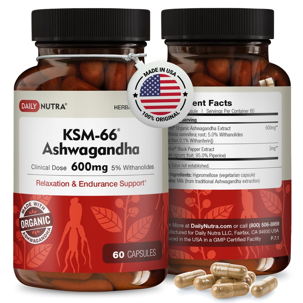 DailyNutra KSM- 66 Ashwagandha 600mg Organic Root Extract - dodatek vysoké potence s 5% Witanolides currency 124; Relieves Tirelight, Podporuje relaxaci, Focus, Energy, & Muscle Growth (60 Kapsle)