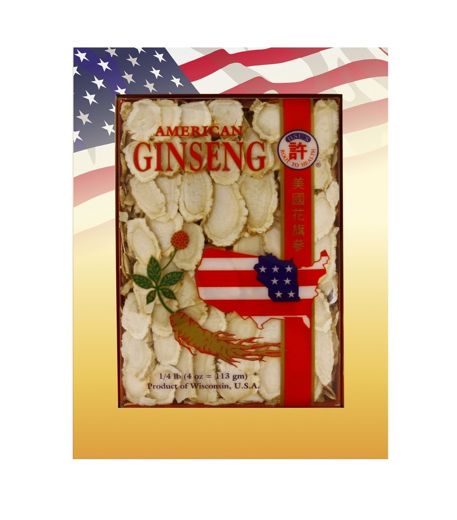 Hsu 's SKU 01264- 124; pěstované Wisconsin- grown 124; American Ginseng Mixed Large- Medium Slices 0126- 124Oz Box