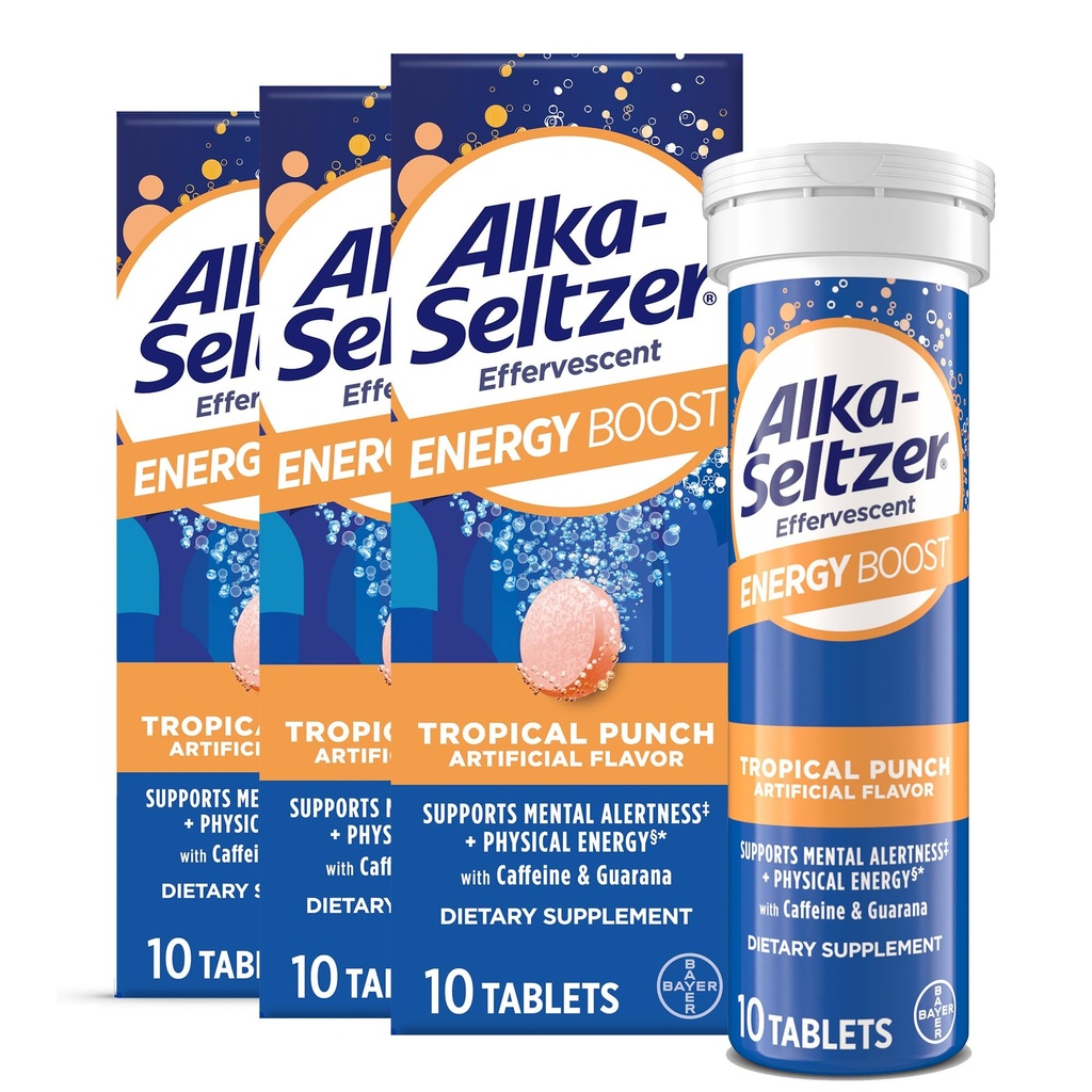 Alka- Seltzer Energy Boost: Kofein & Guarana, B Vitamíny, Podporuje duševní bdělost a fyzickou energii, denní doplněk energie, Fizzy Tablety, Sugar- Free, Light Tropical Punch Flavor, 30ct