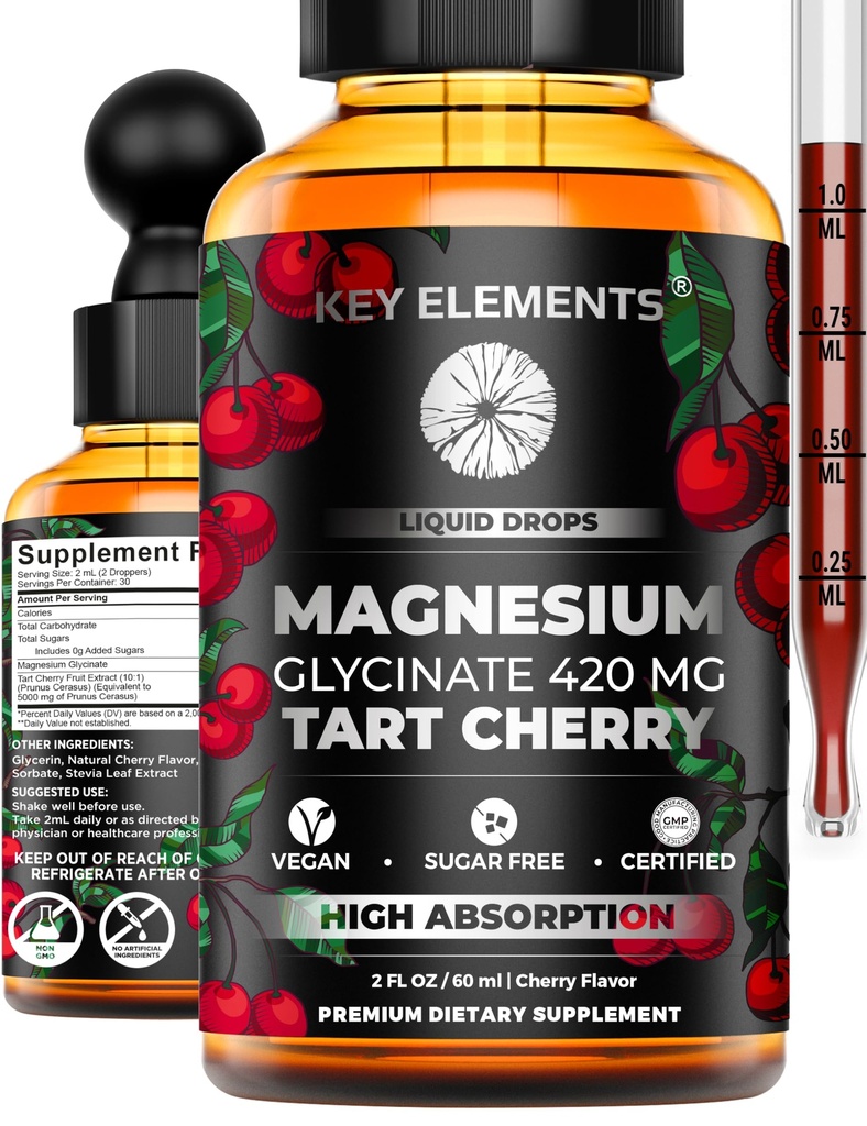 Tekutý hořčík Glycinát 420 Mg s přírodní tart třešeň extrakt 124; hořčík glycinát kapky dodatek pro spánek, nálada a mobilita Podpora 124; Tart třešňový extrakt