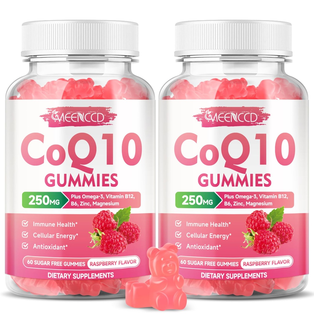 Sugar- Free CoQ10 Gummies 250mg, Coenzym Q10 doplňky Plus Omega-3, vitamin B6 & zinek, vysoká absorpce CoQ10 dodatek pro buněčnou energii a antioxidant podporu, Malina Flavor, Vegan 120Cts