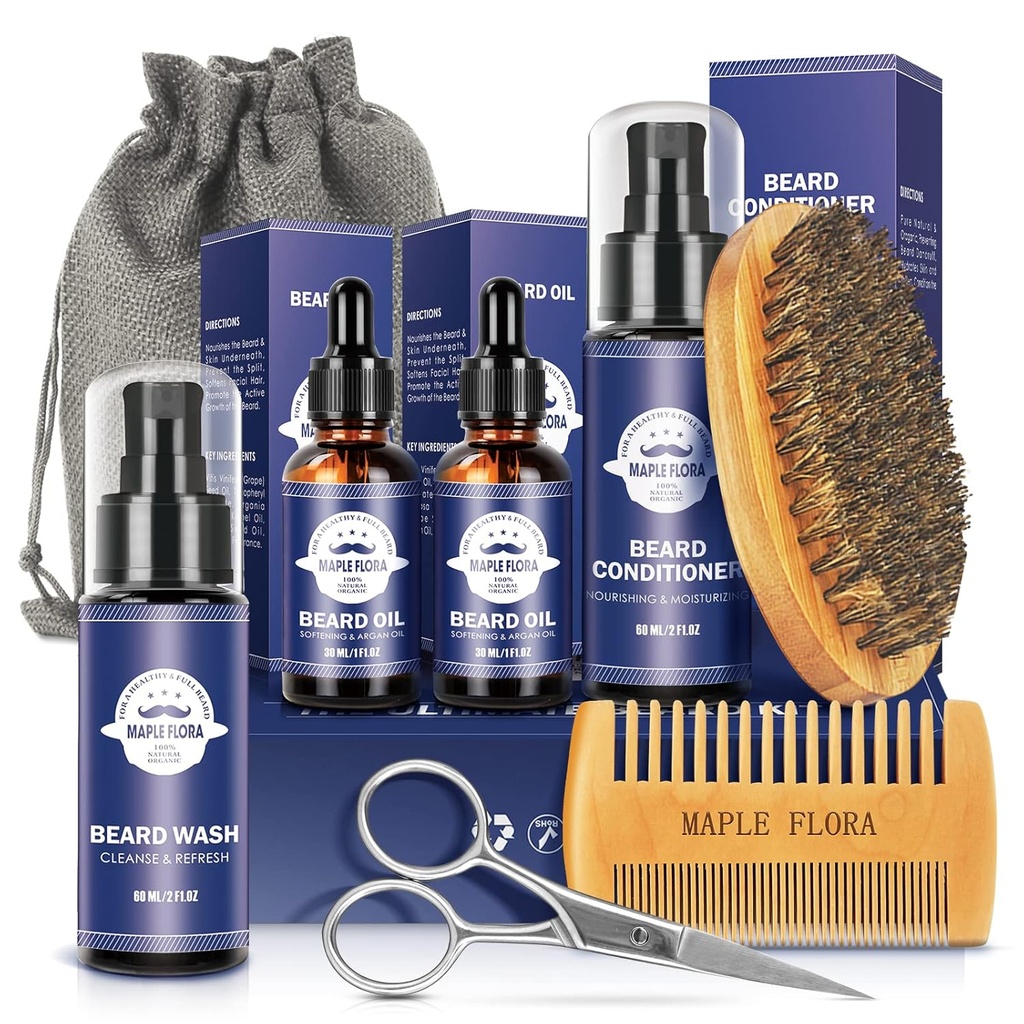 Beard Care Kit dárky Set W / Beard Conditioner, 2 Packs Beard Oil, Beard Wash, kartáč, Comb, Nůžky, Bag, E- Book, současné narozeniny dárky pro muže Prázdninové dárky pro muže