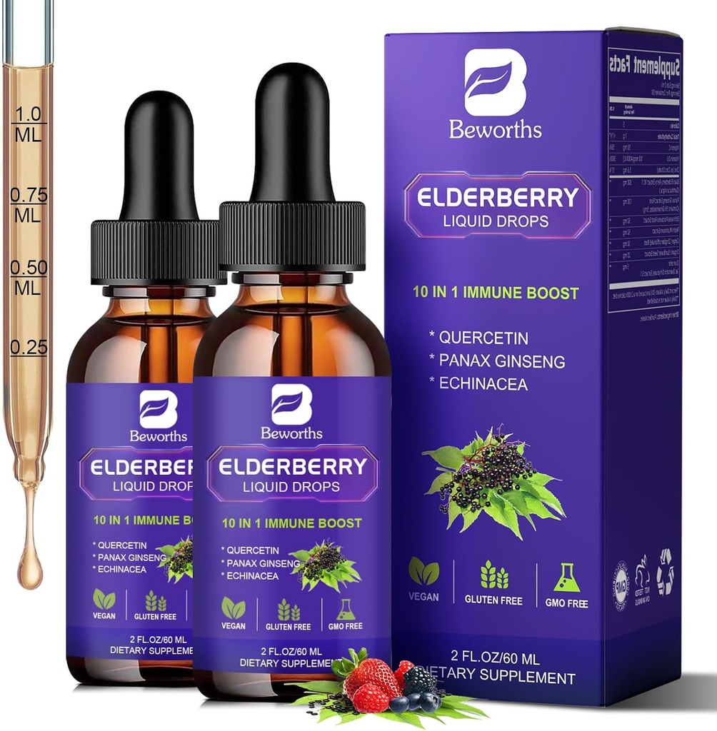2 Pack Elderberry Sirup, Black Elderberry Kapky s Quercetin, Panax Ginseng, Vitamin C a zink, Sambucus Elderberry Sirup Liquid pro imunitní podporu, Vegan, Non- GMO & gluten zdarma
