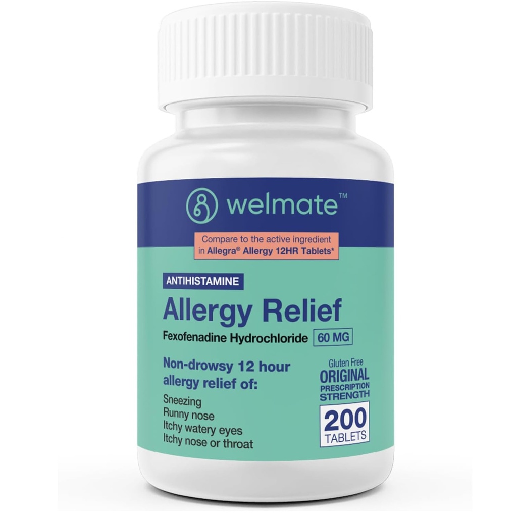WELMATE - Alergie Relief - Fexofenadine HCl 60 mg - 12 Hodin Non- Drowsy Antihistamin - Nutsing - Runny Nose - Itchy Eyes, Nose & Throat - Alergie Relief Tablety - 200 Počet