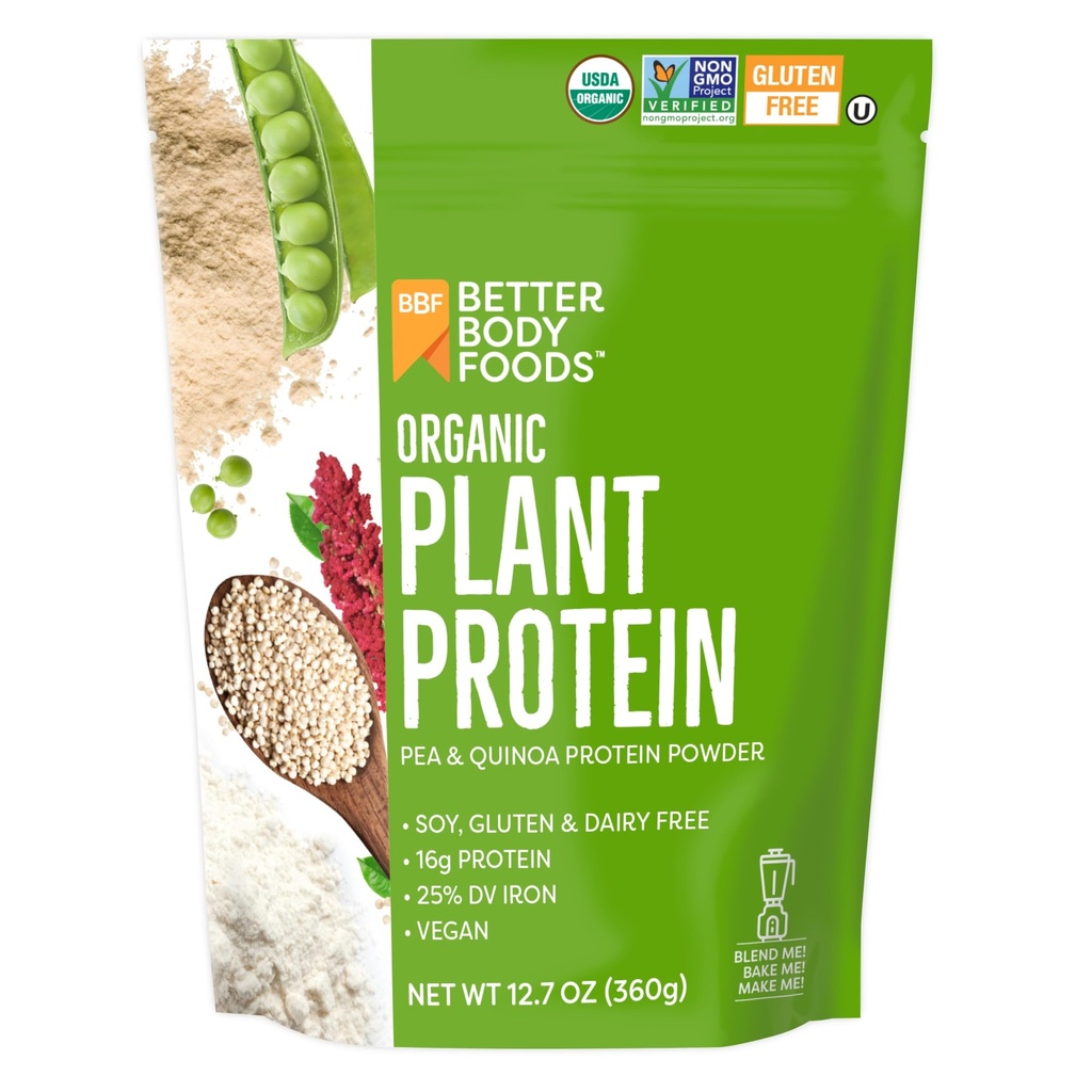 BetterBody Foods Organic Plant Based Protein Powder, 16g proteinu 24% DV, Vegan, Nízké čisté sacharidy, gluten zdarma, mléčné výrobky zdarma, bez cukru přidáno, Soy Free, Non- GMO, 12.7 Ounces