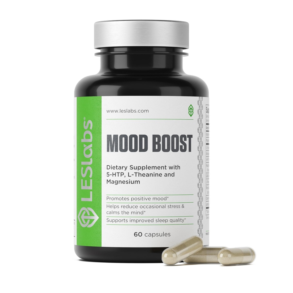 LES Labs Mood Boost – Stress Relief, Mood Support, Deep Relaxation & Better Sleep – 5-HTP, Ashwagandha, Rhodiola Rosea, Magnesium, L-Theanine & GABA – Non-GMO Supplement – 60 Capsules