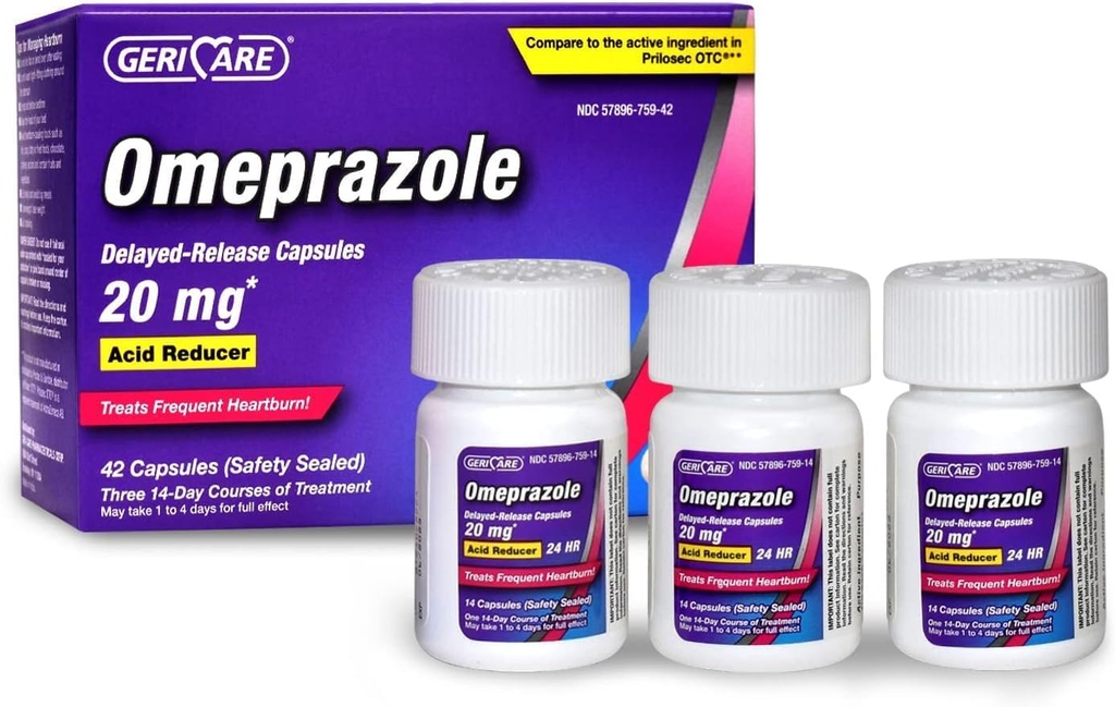 GeriCare Omeprazol Zpožděné uvolňování Kapsle 20, 6 mg - Reducer kyseliny pilulky pro 24 hodinovou úlevu od vypalování srdce - Medicína refluxní kyseliny k léčbě časté bolesti srdce (42 Počet)