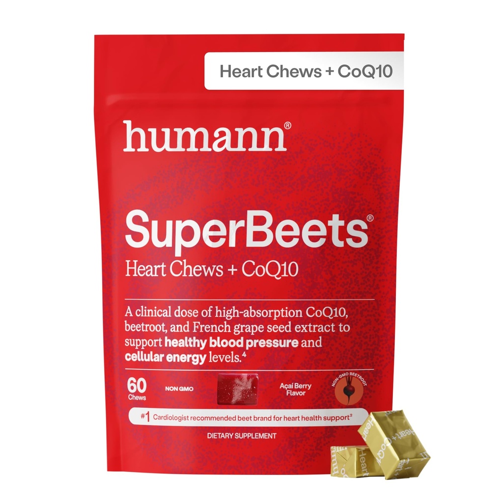 HumanN SuperBeets Heart Chews Advanced - 100mg CoQ10 Plus Beetroot & Grape Seed Extract, 60 Počet